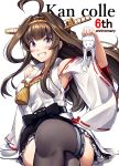  1girl ahoge arm_support bangs bare_shoulders blush boots breasts brown_footwear brown_hair detached_sleeves double_bun eyebrows_visible_through_hair grin hairband headgear highres holding ichikawa_feesu japanese_clothes kantai_collection kongou_(kantai_collection) legs_crossed long_hair looking_at_viewer nontraditional_miko petticoat remodel_(kantai_collection) sidelocks sitting skirt smile solo thigh-highs thigh_boots violet_eyes 
