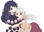  2girls :3 :t animal_ears bangs bent_over black_capelet blue_eyes blue_hair blush braid breasts brown_jacket capelet commentary doremy_sweet dress eyebrows_visible_through_hair feathered_wings french_braid head_tilt highres jacket kishin_sagume long_hair long_sleeves looking_at_viewer medium_breasts multiple_girls no_hat no_headwear open_clothes open_jacket pom_pom_(clothes) purple_dress red_eyes short_hair silver_hair simple_background smile symbol_commentary tapir_ears touhou upper_body white_background white_dress white_wings wings yukome 