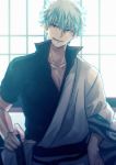  1boy black_shirt bruise bruised_eye clothes_down collarbone collared_shirt gintama grin hand_on_hilt head_tilt injury japanese_clothes kimono looking_at_viewer sakata_gintoki shirt short_sleeves silver_hair smile solo standing szzz_k upper_body white_kimono 