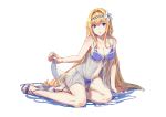  1girl absurdres bare_shoulders bikini blonde_hair blue_bikini blue_eyes blue_nails breasts cleavage dress eyebrows_visible_through_hair flower granblue_fantasy hair_between_eyes hair_flower hair_ornament hairband hand_rest hfp~kubiao highres jeanne_d&#039;arc_(granblue_fantasy) long_hair looking_at_viewer nail_polish sandals see-through sitting solo swimsuit very_long_hair yokozuwari 