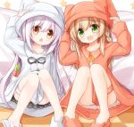  2girls :d animal_ears animal_hat animal_slippers bangs blush braid brown_dress brown_eyes brown_footwear brown_headwear bunny_hat bunny_slippers carrot checkered checkered_floor chestnut_mouth collared_dress commentary_request dress eyebrows_visible_through_hair fake_animal_ears food green_eyes hair_between_eyes hat knees_up light_brown_hair long_hair multiple_girls open_mouth original pillow purple_hair rabbit_ears side_braid single_braid sitting slippers smile star very_long_hair white_dress white_footwear white_headwear yuuhagi_(amaretto-no-natsu) 