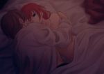  1boy 1girl bed_sheet bite_mark blue_eyes brown_hair clothed_male_nude_female couple from_above futon gintama groin indoors kagura_(gintama) long_sleeves lying navel nude okita_sougo on_side open_clothes open_shirt orange_hair pillow shirt short_hair szzz_k under_covers white_shirt 