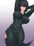  1girl arms_behind_head arms_up black_dress black_hair black_legwear breasts closed_mouth covered_navel covered_nipples dress eyebrows_visible_through_hair eyes_visible_through_hair fubuki_(one-punch_man) gradient gradient_background green_eyes hair_between_eyes highres large_breasts legs_together lips long_sleeves looking_at_viewer one-punch_man purple_background shiva_(johan-s) skin_tight solo thick_thighs thigh-highs thighs toned white_background 
