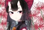  1girl black_hair black_ribbon blurry blurry_foreground bow closed_mouth collared_shirt commentary_request depth_of_field eringi_(rmrafrn) flower frilled_bow frills hair_bow hair_ribbon hakurei_reimu horns long_hair oni oni_horns orange_neckwear red_bow red_eyes red_flower red_shirt ribbon ribbon_trim shirt sleeveless sleeveless_shirt slit_pupils solo spider_lily thick_eyebrows touhou upper_body white_background 