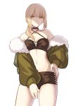  1girl alternate_costume artoria_pendragon_(all) bangs bare_shoulders blonde_hair breasts closed_mouth collarbone eyebrows_visible_through_hair fate/grand_order fate/stay_night fate_(series) fur_trim green_jacket hand_on_hip highres jacket legs lq_saku medium_hair midriff navel ponytail revealing_clothes saber_alter shorts simple_background small_breasts solo thighs white_background yellow_eyes 