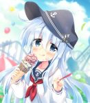  1girl anchor_symbol balloon black_legwear black_sailor_collar blue_eyes blue_sky blurry carousel clouds commentary_request day depth_of_field flat_cap food food_on_face hat hibiki_(kantai_collection) highres hizuki_yayoi ice_cream kantai_collection long_hair long_sleeves looking_at_viewer neckerchief outdoors red_neckwear roller_coaster sailor_collar school_uniform serafuku silver_hair sky smile solo spoon upper_body 