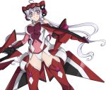  1girl ahoge ass_visible_through_thighs bare_shoulders blush breasts chuunioniika cleavage cleavage_cutout covered_navel elbow_gloves from_below gloves grin hair_between_eyes headgear highres holding holding_weapon large_breasts lavender_hair leotard looking_at_viewer senki_zesshou_symphogear simple_background smile solo thigh-highs violet_eyes weapon white_background yukine_chris 