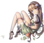  1girl absurdres apple belt bkyuuc blue_eyes blush breasts brown_belt character_request copyright_request dress eyebrows_visible_through_hair flower food fruit full_body green_dress hair_flower hair_ornament hairband highres leaf long_hair looking_at_viewer medium_breasts puffy_short_sleeves puffy_sleeves shoes short_sleeves simple_background teeth thigh-highs twintails white_background white_legwear wrist_cuffs 
