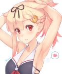  1girl armpits arms_up bangs black_ribbon blonde_hair blush braid breasts cleavage collarbone dan_(kumadan) eyebrows_visible_through_hair hair_between_eyes hair_flaps hair_ornament hair_ribbon hairclip halter_top halterneck heart highres kantai_collection lips long_hair looking_at_viewer medium_breasts parted_lips ponytail red_eyes remodel_(kantai_collection) ribbon sideboob simple_background single_braid solo spoken_heart sweat swimsuit teeth tying_hair upper_body white_background yuudachi_(kantai_collection) 