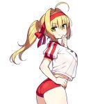 1girl ahoge alternate_hairstyle ass blonde_hair breasts buruma chan_co closed_mouth cowboy_shot crop_top crop_top_overhang eyebrows_visible_through_hair fate/grand_order fate_(series) from_side green_eyes gym_uniform hair_intakes hand_on_hip hand_to_own_mouth headband high_ponytail large_breasts long_hair nero_claudius_(fate) nero_claudius_(fate)_(all) ponytail see-through_silhouette simple_background smile solo v-shaped_eyebrows white_background 