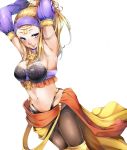  1girl armpits arms_up blonde_hair blue_eyes breasts brown_legwear cleavage cowboy_shot detached_sleeves dragon_quest dragon_quest_xi gradient_hair highres imo_(evekelu-111) long_hair long_sleeves looking_at_viewer medium_breasts midriff multicolored_hair navel panties panties_under_pantyhose pantyhose purple_headband purple_sleeves senya_(dq11) shiny shiny_hair sideboob simple_background solo standing stomach two-tone_hair underwear white_background 