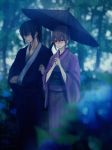  1boy 1girl black_hair black_kimono black_umbrella blue_eyes blurry blurry_background blurry_foreground blush brown_hair character_request couple gintama holding holding_umbrella japanese_clothes kimono oriental_umbrella outdoors ponytail print_kimono purple_kimono rain sidelocks standing szzz_k umbrella 