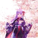  1girl :d bangs bb_(fate)_(all) bb_(fate/extra_ccc) blurry blush bow cherry_blossoms commentary_request cowboy_shot day depth_of_field eyebrows_visible_through_hair fate/grand_order fate_(series) floral_print hakama japanese_clothes kimono long_hair long_sleeves looking_at_viewer open_mouth outdoors pink_bow print_kimono purple_hair purple_hakama purple_kimono round_teeth shutsuri sleeves_past_wrists smile solo spring_(season) teeth tree twitter_username upper_teeth very_long_hair violet_eyes wide_sleeves 