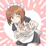  1girl ;) alternate_costume apron bangs black_dress brown_eyes brown_hair closed_mouth commentary dress emphasis_lines enmaided eyebrows_visible_through_hair girls_und_panzer heart heart_hands leaning_forward leaning_to_the_side looking_at_viewer maid maid_apron maid_headdress nishizumi_miho one_eye_closed pink_background puffy_short_sleeves puffy_sleeves short_dress short_hair short_sleeves smile solo standing tewarusa thigh-highs white_apron white_legwear 