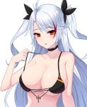  1girl azur_lane bangs bikini bikini_tug black_bikini black_choker blush breasts brown_eyes child_(isoliya) choker eyebrows_visible_through_hair flag_print german_flag_bikini iron_cross large_breasts long_hair looking_at_viewer multicolored_hair open_mouth prinz_eugen_(azur_lane) prinz_eugen_(unfading_smile)_(azur_lane) ribbon silver_hair simple_background solo streaked_hair swimsuit two_side_up upper_body very_long_hair white_background 