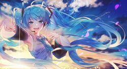  1girl :d armpits backlighting blue_eyes blue_hair blue_neckwear blue_sky blurry breasts clothes_lift clouds cloudy_sky commentary_request day depth_of_field detached_sleeves eyebrows_visible_through_hair eyelashes eyes_visible_through_hair floating_hair happy hatsune_miku headset highres horizon kawachi_rin light_particles light_rays long_hair looking_at_viewer necktie open_mouth orange_sky outdoors outstretched_arms petals pink_sky shirt sky sleeveless sleeveless_shirt small_breasts smile solo sparkle star sun sunlight sunrise twintails upper_body upper_teeth very_long_hair vocaloid water_surface white_shirt 