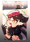  +_+ 1girl 2koma aori_(splatoon) artist_name black_dress black_gloves black_hair black_shirt brown_eyes closed_eyes collar comic commentary coula_cat cousins crop_top crying crying_with_eyes_open detached_collar domino_mask dress earrings fangs food food_on_head frown gloves grey_hair grin highres hotaru_(splatoon) jewelry long_hair mask mole mole_under_eye nintendo object_on_head open_mouth outstretched_arms pointy_ears puffy_short_sleeves puffy_sleeves shirt short_sleeves signature smile solo spiked_collar spikes splatoon splatoon_(series) splatoon_1 splatoon_2 strapless strapless_dress tako-san_wiener tears tentacle_hair upper_body white_gloves 