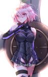  1girl armored_leotard black_leotard breasts breasts_apart copyright_name cowboy_shot elbow_gloves eyebrows_visible_through_hair fate/grand_order fate_(series) faulds gloves hair_between_eyes large_breasts leotard lixiao_lang mash_kyrielight open_mouth pink_hair shiny shiny_hair short_hair simple_background solo thigh_strap violet_eyes white_background 