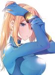  1girl :o arms_up blonde_hair blue_bodysuit blue_eyes bodysuit bracelet breasts commentary_request eyebrows_visible_through_hair eyes_visible_through_hair female from_side hair_between_eyes high_ponytail highres jewelry large_breasts long_hair looking_at_viewer metroid mole mole_under_mouth neck nintendo open_mouth ponytail ryonhei samus_aran shiny shiny_hair sidelocks simple_background skin_tight upper_body white_background zero_suit 