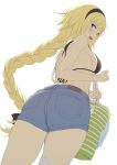  1girl :d akita_hika ass back bag bangs bare_arms bare_shoulders bikini_top black_bikini_top black_hairband blonde_hair blue_eyes blue_shorts blush braid breasts commentary_request cowboy_shot denim denim_shorts eyebrows_visible_through_hair fate/grand_order fate_(series) from_behind from_below hairband highres holding holding_bag jeanne_d&#039;arc_(fate) jeanne_d&#039;arc_(fate)_(all) large_breasts long_hair looking_at_viewer looking_back looking_down open_mouth shorts sideboob simple_background single_braid single_thighhigh sketch smile solo swimsuit thigh-highs very_long_hair white_background white_legwear 