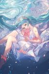 1girl air_bubble alternate_costume anklet bare_legs bare_shoulders barefoot blue_eyes blue_hair blurry bubble commentary_request covering covering_mouth depth_of_field dress expressionless feet_out_of_frame floating_hair flower hair_flower hair_ornament hatsune_miku head_tilt jewelry long_dress long_hair looking_at_viewer number_tattoo pink_flower pink_rose qie_(25832912) rose shoulder_tattoo signature sleeveless sleeveless_dress solo tattoo twintails underwater very_long_hair vocaloid water white_dress 