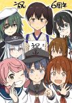  6+girls akashi_(kantai_collection) akatsuki_(kantai_collection) anchor_symbol anniversary black_hair black_headwear black_sailor_collar blue_eyes brown_eyes brown_hair commentary_request eyepatch fang flat_cap green_eyes green_hair hair_ribbon hairband hand_on_another&#039;s_head hat hibiki_(kantai_collection) ikazuchi_(kantai_collection) inazuma_(kantai_collection) japanese_clothes kaga_(kantai_collection) kantai_collection kiso_(kantai_collection) long_hair looking_at_viewer masukuza_j multiple_girls ooyodo_(kantai_collection) open_mouth pink_hair remodel_(kantai_collection) ribbon sailor_collar sailor_hat school_uniform semi-rimless_eyewear serafuku short_hair side_ponytail silver_hair skin_fang smile tasuki tress_ribbon under-rim_eyewear upper_body yellow_background 