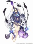  1girl arms_up barefoot black_hair breasts center_opening dress full_body hair_between_eyes hair_ornament ji_no kaguya_hime_(sinoalice) large_breasts leg_tattoo long_hair looking_at_viewer navel official_art parted_lips ribbon scorpion see-through short_dress sinoalice skull solo square_enix staff tattoo white_background wide_sleeves 
