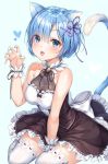  1girl :o alternate_costume animal_ears bare_arms bare_shoulders bell between_legs black_dress blue_background blue_eyes blue_hair blue_nails breasts cat_ears cat_girl cat_tail claw_pose collarbone dress frilled_dress frills hair_ornament halter_dress halterneck hand_up heart highres jingle_bell kemonomimi_mode looking_at_viewer medium_breasts nail_polish parted_lips r_o_ha re:zero_kara_hajimeru_isekai_seikatsu rem_(re:zero) ribbon short_hair simple_background sitting sleeveless sleeveless_dress solo tail tail_raised taut_clothes taut_dress thigh-highs white_legwear white_ribbon wrist_cuffs x_hair_ornament zettai_ryouiki 