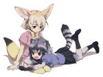  2girls animal_ear_fluff animal_ears black_hair blonde_hair bow bowtie commentary common_raccoon_(kemono_friends) elbow_gloves extra_ears eyebrows_visible_through_hair fang fennec_(kemono_friends) fox_ears fox_tail fur_collar fur_trim gloves grey_hair kemono_friends loafers lying lying_on_lap multicolored_hair multiple_girls on_stomach open_mouth pantyhose pleated_skirt puffy_short_sleeves puffy_sleeves raccoon_ears raccoon_tail seiza shoes short_hair short_sleeves sitting skirt sumida00rio sweater symbol_commentary tail thigh-highs white_hair 