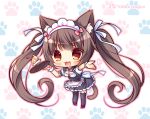  1girl :d animal_band_legwear animal_ear_fluff animal_ears bell black_dress black_legwear blush bow breasts brown_eyes brown_hair cake cat_band_legwear cat_ears cat_girl cat_tail chibi chocola_(sayori) collared_dress commentary_request dress food frilled_dress frills fruit full_body heart holding holding_tray jingle_bell long_hair maid_headdress medium_breasts nekopara open_mouth outstretched_arm paw_background pink_bow puffy_short_sleeves puffy_sleeves red_footwear ryuuka_sane shirt shoes short_sleeves sleeveless sleeveless_dress slice_of_cake smile solo standing strawberry tail thigh-highs tray twintails uniform very_long_hair waitress white_background white_shirt wrist_cuffs 