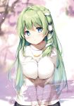  1girl alternate_costume bangs black_skirt blue_eyes blurry blurry_background blush breasts casual cherry_blossoms commentary_request contemporary covered_nipples eyebrows_visible_through_hair frog_hair_ornament green_hair hair_ornament hair_tubes jewelry kochiya_sanae large_breasts long_hair long_sleeves looking_at_viewer miyase_mahiro necklace ribbed_sweater single_sidelock skirt snake_hair_ornament solo sweater touhou translation_request turtleneck turtleneck_sweater upper_body v_arms very_long_hair white_sweater 