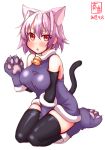  1girl alternate_costume animal_ears artist_logo bell black_gloves black_legwear cat_ears cat_tail commentary_request dated dress elbow_gloves full_body gloves highres jingle_bell kanon_(kurogane_knights) kantai_collection looking_at_viewer paw_boots paw_gloves paws pink_hair purple_dress red_eyes seiza short_hair simple_background sitting solo tail tama_(kantai_collection) thigh-highs white_background 
