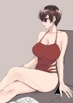  1girl absurdres bangs bare_shoulders bracelet breasts brown_hair cellphone cleavage earrings highres jewelry large_breasts legs_crossed lying norman_maggot olive_laurentia on_back paper phone pixie_cut red_swimsuit short_hair sitting smartphone sunglasses swimsuit 