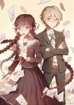  1boy 1girl belt black_shirt black_skirt blonde_hair braid brown_hair crossed_arms dangan_ronpa dangan_ronpa_1 envelope formal fukawa_touko glasses green_eyes letter long_hair long_sleeves nae_(artist) pen red_neckwear round_eyewear school_uniform serafuku shirt simple_background skirt standing suit togami_byakuya twin_braids twintails very_long_hair 