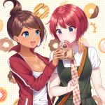  2girls arm_around_neck artist_name asahina_aoi bag bangs blue_eyes breasts brown_hair cleavage commentary_request dangan_ronpa dangan_ronpa_1 dangan_ronpa_3 doughnut eyebrows_visible_through_hair food freckles hair_ornament hairclip highres holding jacket koizumi_mahiru large_breasts long_sleeves medium_breasts monokuma multiple_girls nabekokoa red_jacket redhead shirt short_hair short_sleeves sweatdrop upper_body upper_teeth white_shirt 