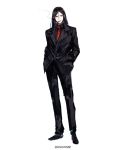  1boy bangs black_hair black_shirt black_suit commentary_request fate/grand_order fate_(series) formal full_body grey_eyes hair_between_eyes hand_in_pocket hands_in_pockets long_hair looking_at_viewer lord_el-melloi_ii lord_el-melloi_ii_case_files necktie pants parted_bangs red_neckwear shirt shoes smoking solo standing suit suit_jacket twitter_username waver_velvet white_background 