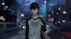  1boy amamiya_ren arm_at_side bag black_hair blue_sky blurry blurry_background bookbag brown_eyes gloves gloves_removed hair_between_eyes long_sleeves male_focus nae_(artist) night outdoors persona persona_5 railing shirt sky solo 