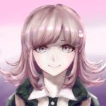  1girl dangan_ronpa face flipped_hair hair_ornament hairclip highres hood idnimei looking_at_viewer nanami_chiaki pink_eyes pink_hair shirt short_hair smile solo super_dangan_ronpa_2 two-tone_background white_shirt 