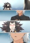  1boy 1girl 4koma amakusa_shirou_(fate) breasts brown_hair comic commentary_request cross cross_necklace earrings fate/grand_order fate_(series) fur_collar fur_trim ginhaha head_out_of_frame jewelry large_breasts long_hair necklace open_mouth pointy_ears semiramis_(fate) short_hair silent_comic slit_pupils spiky_hair tearing_up very_long_hair wavy_mouth white_hair yellow_eyes 