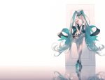  1girl arms_behind_back back bare_shoulders blue_hair door dress elbow_gloves envelope flower from_behind full_body gloves hair_ribbon hairband hands_together hatsune_miku high_collar high_heels highres holding long_hair pleated_dress reflection rella ribbon rose simple_background solo standing thigh-highs twintails very_long_hair vocaloid white_dress white_gloves white_legwear 