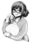  1girl alcohol bangs blush breast_rest breasts dasei_67_percent drooling drunk fukumaaya glass glasses greyscale highres jacket large_breasts long_hair looking_at_viewer monochrome open_mouth ponytail ribbed_sweater sidelocks simple_background smile solo sweater upper_body white_background yoshizawa_minami 