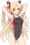  1girl arms_behind_head bangs black_swimsuit blonde_hair breasts collarbone competition_swimsuit contrapposto covered_navel earrings ereshkigal_(fate/grand_order) fate/grand_order fate_(series) hair_ribbon hoop_earrings jewelry long_hair looking_at_viewer one-piece_swimsuit parted_bangs red_eyes red_ribbon ribbon shiseki_hirame simple_background small_breasts solo swimsuit two_side_up white_background 