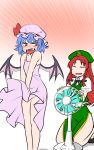  2girls :d ^_^ alternate_costume bat_wings beret blue_hair blush bow breasts china_dress chinese_clothes closed_eyes closed_eyes collarbone dress electric_fan embarrassed eyebrows_visible_through_hair fangs feet_out_of_frame full-face_blush full_body gradient gradient_background green_dress hat hat_bow highres hong_meiling kneeling long_hair looking_at_another looking_back mob_cap multiple_girls open_mouth orange_background pink_dress puffy_short_sleeves puffy_sleeves red_eyes redhead remilia_scarlet shiraue_yuu short_hair short_sleeves simple_background smile star touhou v_arms white_background wind wind_lift wings 