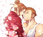  1boy 1girl brother_and_sister brown_hair closed_eyes elizabeth_ragnvald facing_another garo_(series) hair_bun hair_ornament hairclip highres nc4 petals red_shirt shirt siblings sideburns sidelocks simple_background smile sword_(garo) upper_body white_shirt 