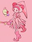  1girl bangs double_bun eighth_note from_behind full_body gloves harukaze_doremi hat highres holding looking_at_viewer looking_back musical_note ojamajo_doremi open_mouth pink_background pink_footwear pink_gloves redhead simple_background smile solo uzuta 