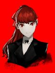  1girl bangs black_bow bow closed_mouth ex-trident eyebrows_visible_through_hair face highres medium_hair persona persona_5 persona_5_the_royal ponytail red_background red_bow red_eyes redhead simple_background smile solo turtleneck yoshizawa_kasumi 