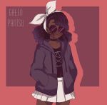  1girl artist_name black_shirt collar cowboy_shot curly_hair dark_skin drawstring greenpantsu hair_ribbon hands_in_pockets hood hoodie long_sleeves original parted_lips pleated_skirt purple_hoodie ribbon round_eyewear shadow shirt skirt solo sunglasses white_ribbon white_skirt 