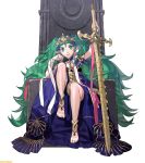  1girl anklet barefoot braid child fire_emblem fire_emblem:_three_houses gem green_eyes green_hair hair_ornament hand_on_own_cheek hand_on_sword jewelry kurahana_chinatsu legs_folded long_hair mamkute nintendo official_art pointy_ears ribbon sitting smile solo sothis sword throne tiara twin_braids twintails watermark weapon white_background 