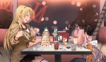  2girls 80mph ahoge berries blonde_hair branch cellphone closed_eyes commentary_request cream creamer_(vessel) cup feeding food fork hair_ribbon hairband head_on_table hood hooded_track_jacket ice ice_cream ice_cube jacket knife kohagura_ellen leaf legs_together long_hair mashiko_kaoru menu multiple_girls nene_(toji_no_miko) open_mouth osafune_girls_academy_uniform pancake phone pink_eyes pink_hair restaurant ribbon school_uniform sheath skirt smartphone soft_drink straw table teacup thigh-highs toji_no_miko track_jacket tree twintails window 