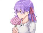  1girl blue_eyes bouquet cchhii3 collarbone collared_shirt eyebrows_visible_through_hair fate/stay_night fate_(series) flower hair_between_eyes hair_ribbon holding holding_bouquet long_hair matou_sakura pink_flower portrait profile purple_hair red_ribbon ribbon shiny shiny_hair shirt simple_background solo white_background white_shirt wing_collar 